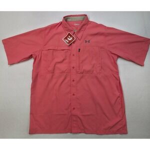 Under Armour Shirt Mens XL Button Up Peach Coral Orange UPF 30 Fishing Hiking